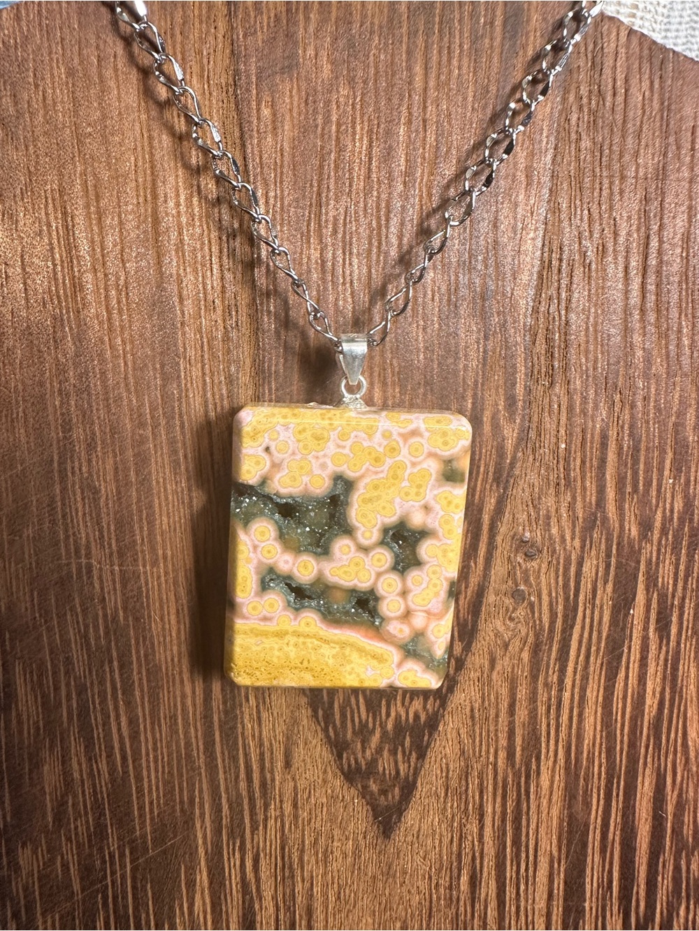 Yellow and Black Druzy Ocean Jasper Pendant Necklace on Stainless Steel Chain - Picture 5 of 16